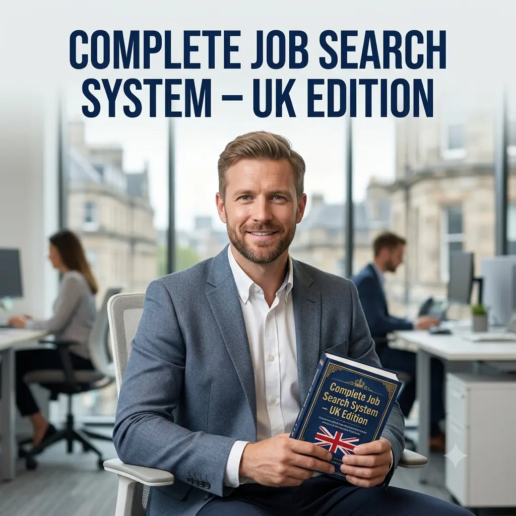UK Edition job search toolkit: application tracker on a laptop, CV document and interview preparation checklist