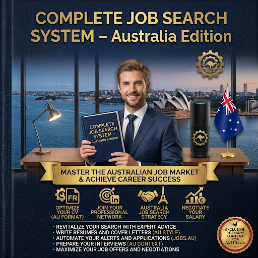 Australia Edition job search toolkit: application tracker on a laptop, resume document and interview preparation checklist
