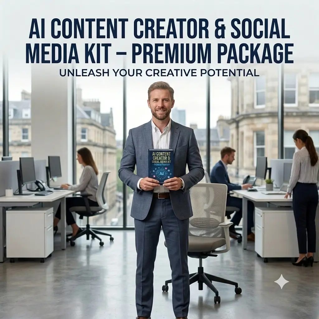 AI Content Creator and Social Media Kit: phone on a tripod, 30-day content calendar and a performance analytics card