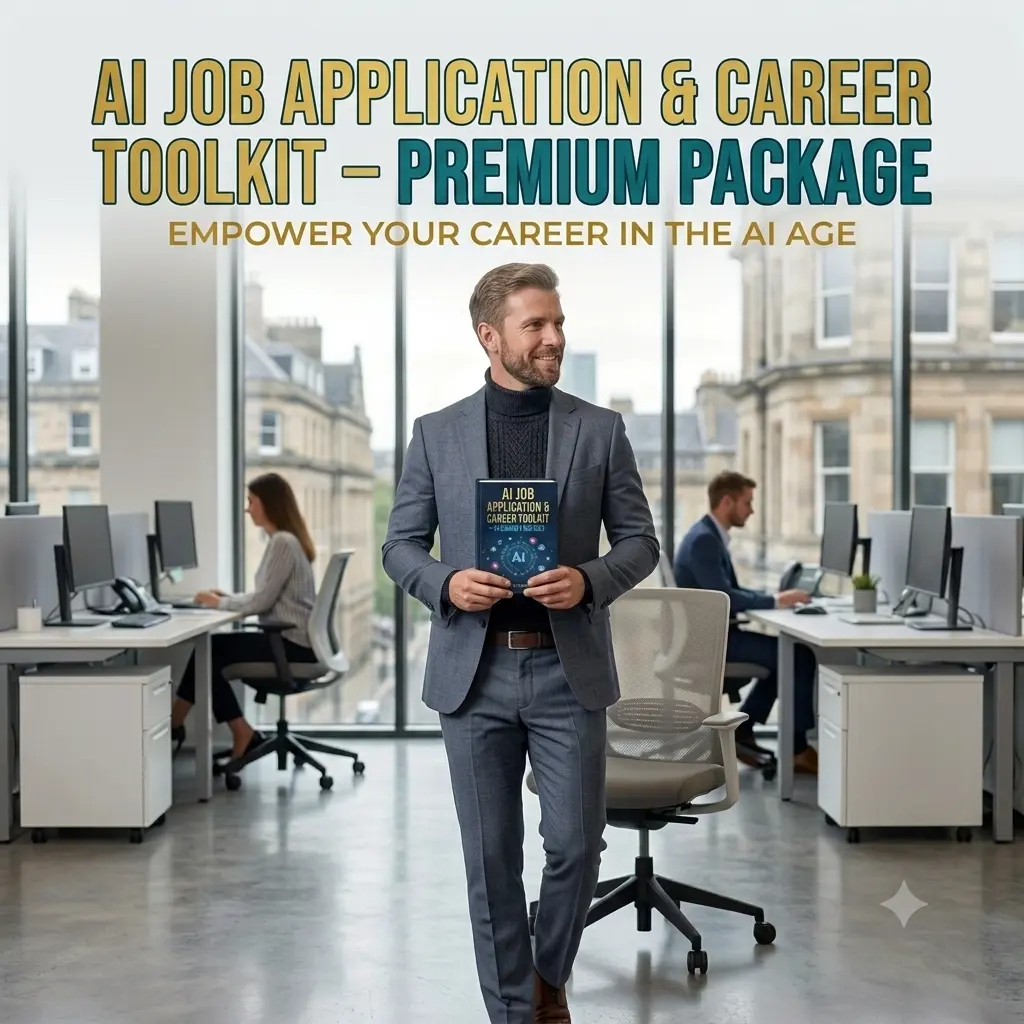 AI Job Application and Career Toolkit: resume document, interview question cards and a planning calendar on a desk